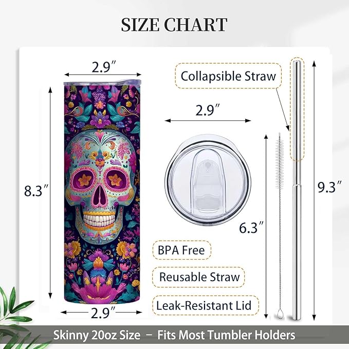 Firmiso 20 oz Tumbler | Skinny Insulated Travel Mug with Leak-proof Lid and Straw | Sugar Skull Floral Stainless Steel Coffee Cup for Hot & Cold Drinks | Day of the Dead Gifts for Women & Men