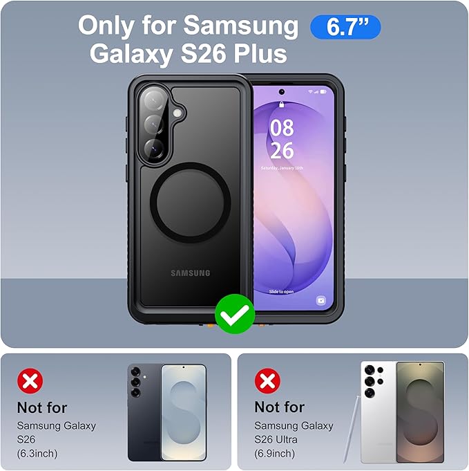 ANTSHARE IP68 Waterproof Case for Samsung Galaxy S26 Plus [2026] - MagSafe Compatible, Built-in Screen/Lens Protector - Shockproof Full Body Protection for Swimming/Outdoor, Black-Translucent Matte