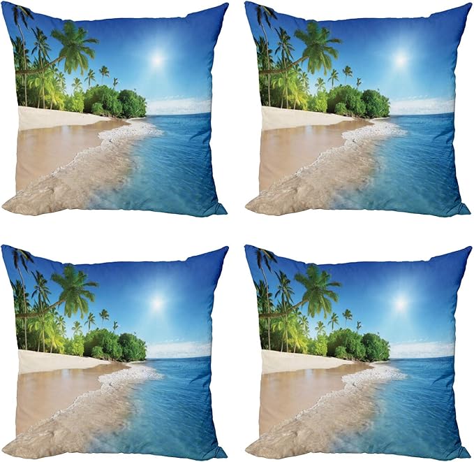 Ambesonne Tropic Throw Pillow Cushion Case Pack of 4, Ocean Tropical Palm Trees on Sunny Island Beach Scene Panoramic View Picture, Modern Accent Double-Sided Digital Printing, 20", Blue Green White