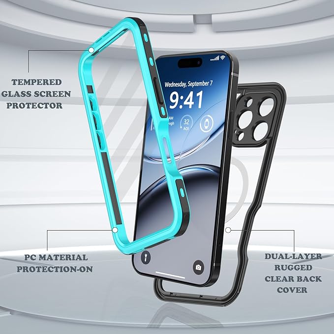 for iPhone 16 Pro Max Case Waterproof, [Shockproof] [Dustproof] [IP68 Waterproof] Full-Body Hard Case Built-in [Lens Screen Protection] for Diving Case (Teal, for iPhone 16 Por Max 6.9in)