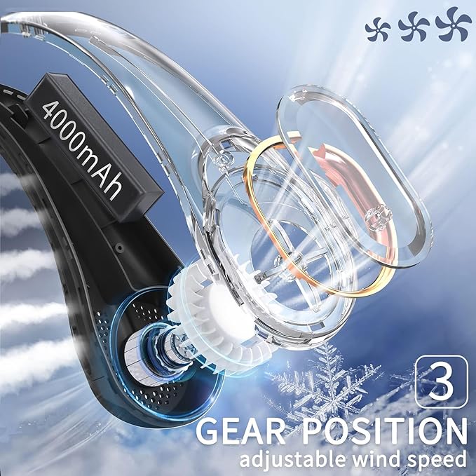 FrSara Neck Fan, Bladeless Neck Fan,Upgraded 4000mAh,Long Endurance,Upgraded air volume,Easier to Use,360° Cooling,No Hair Twisting,Non-Slip Material,Rechargeable,3-Speed