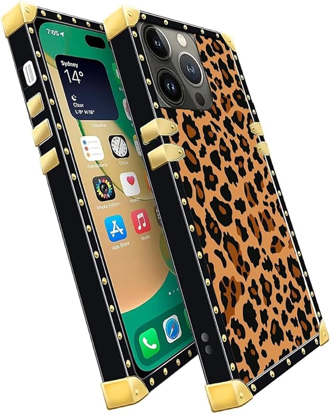 Compatible with iPhone 14 Pro Max Case, Brown Leopard Texture Luxury Golden Decoration for Girl Women Soft TPU Shockproof Protective Hard PC Back for iPhone 14 Pro Max