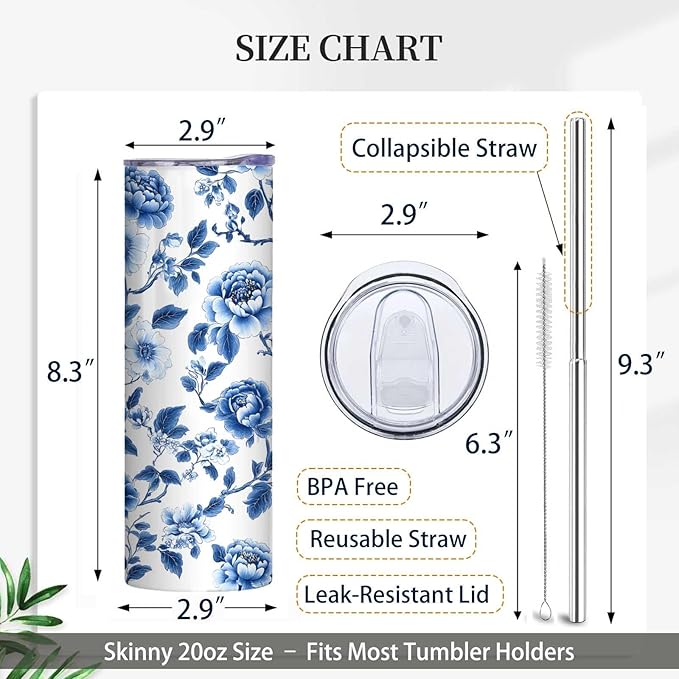 Firmiso 20 oz Tumbler｜Skinny Insulated Travel Mug｜Blue White Peony Chinoiserie Stainless Steel Cup with Lid and Telescopic Straw｜Elegant Floral Drinkware｜Gift Idea for Women and Men