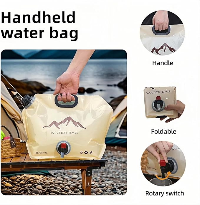 8L/281oz Outdoor Collapsible Water Jug BPA-Free w/Adjustable Faucet - Portable Leakproof Water Storage for Camping, Hiking, Travel & Emergencies (Khaki)