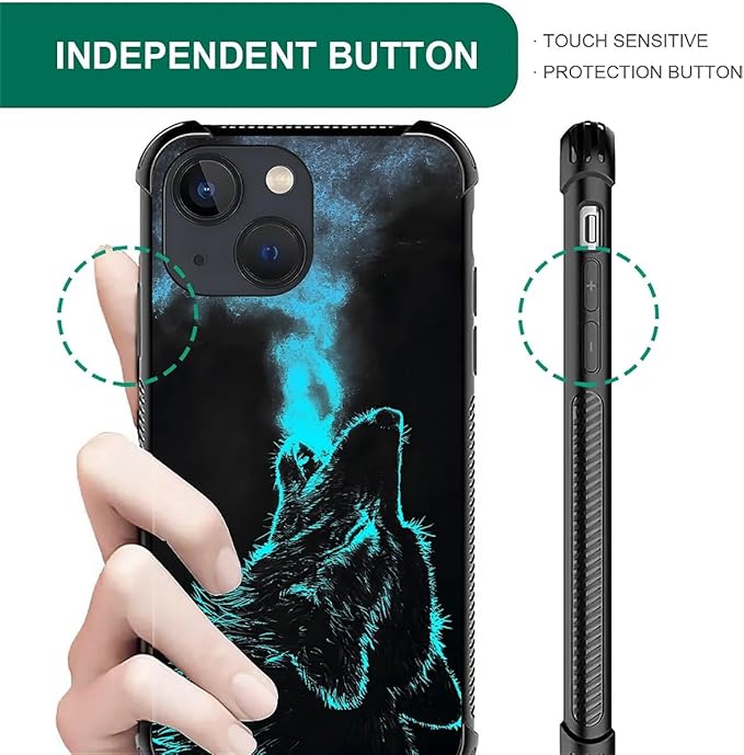 for iPhone 14 Case, Blue Breathing Wolf Pattern Graphic Design Girl Boy Soft Silicone Hard Acrylic Shock Protection for iPhone 14