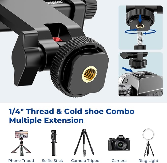 Ruittos Phone Tripod Mount with Remote Controller, New Universal Smartphone Mount Adapter with Cold Shoe, 360° Rotates Cell Phone Clip Clamp Holder, Compatible with iPhone, Samsung and All Phones
