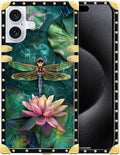 Compatible with iPhone 16 Case, Colourful Dragonfly Pink Lily Pads Luxury Golden Decoration for Girl Women Soft TPU Shockproof Protective Hard PC Back