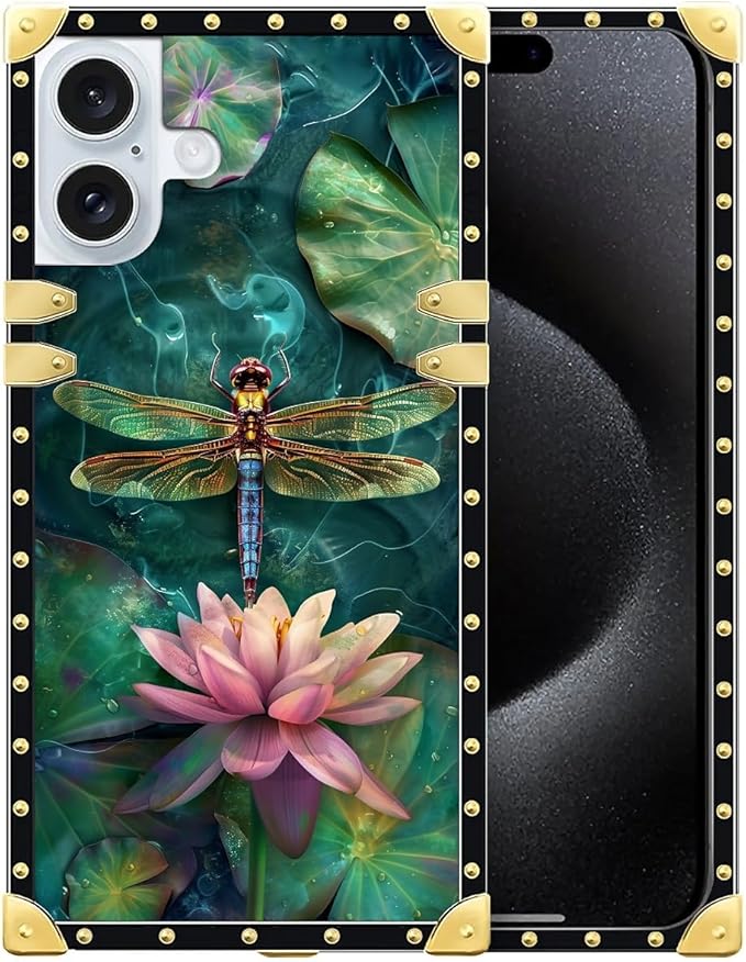 Compatible with iPhone 16 Case, Colourful Dragonfly Pink Lily Pads Luxury Golden Decoration for Girl Women Soft TPU Shockproof Protective Hard PC Back
