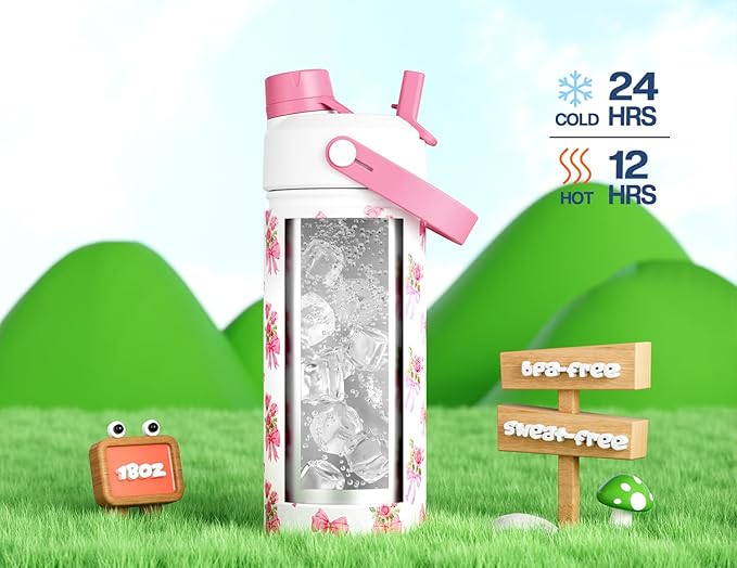 18 oz Insulated Girls Water Bottle: Spill-Proof, Stainless Steel Cup with Straw Spout Lid, BPA-Free, Cupholder Friendly, 24H Cold for School, Camping, Sports, Birthday Gift for Kids (Rosy Bouquet)