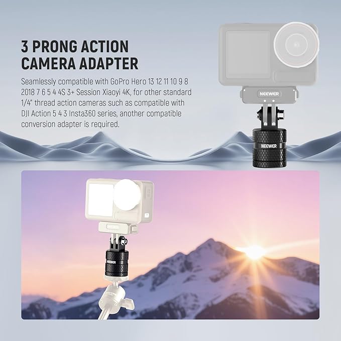 NEEWER Action Camera Tripod Mount Adapter Compatible with GoPro Hero 13 Go Pro 12 11 10 9 Black DJI Osmo Action 5 Pro 4 3, 360° Swivel 1/4"-20 to 3 Prong Mount for Standard 1/4 Accessories, GP-89