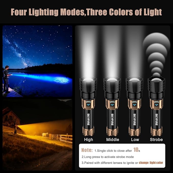 SKYFIRE Rechargeable Flashlights High Lumens with Ignition Lens &3 Colors Light,10000mAh LED Super Bright Flashlight, Zoomable,4Modes,Waterproof Tactical Flash Light for Outdoor,Home &Gift