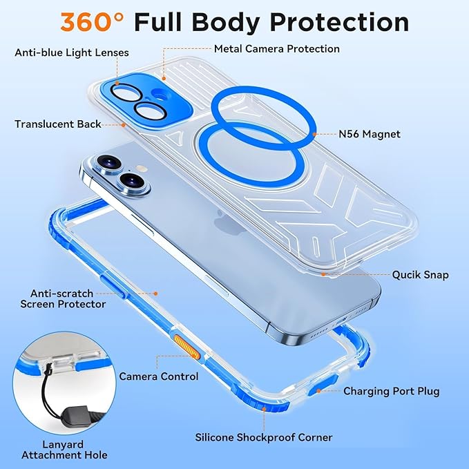 WIFORT for iPhone 16 Plus Waterproof Case, [IP68 Underwater] [Blue Light Filter Lens] [15FT Military Shockproof], Fit for Magsafe Full Body Magnetic Frosted Phone Case with Lanyard, 6.7" Blue