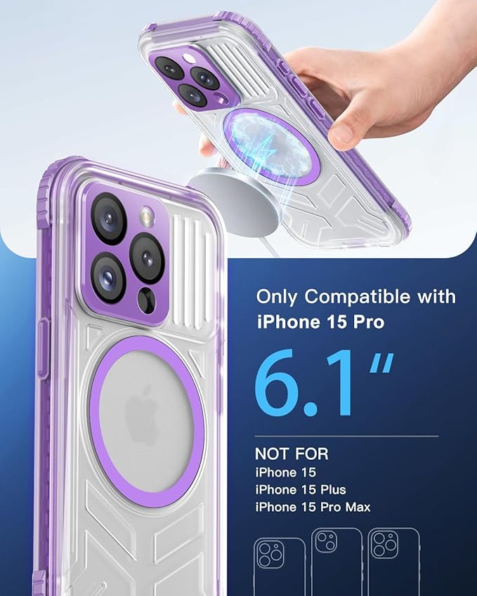 for iPhone 15 Pro Waterproof Case with Magsafe, Built-in [Camera & Screen Protector] [Lanyard], IP68 Water Proof Full Body Dustproof Heavy Duty Frosted Protective Phone Cover, 6.1" Purple