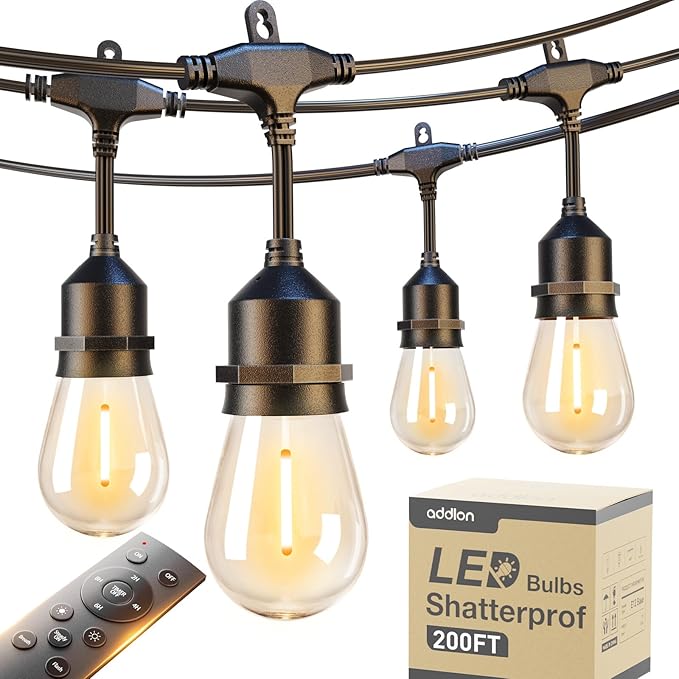 addlon 200FT Outdoor String Lights LED with Remote Dimmable Patio Lights Waterproof Shatterproof Edison Bulb for Outside Backyard Porch Garden Bistro Pergola Party Decor, Warm Ambience Lighting
