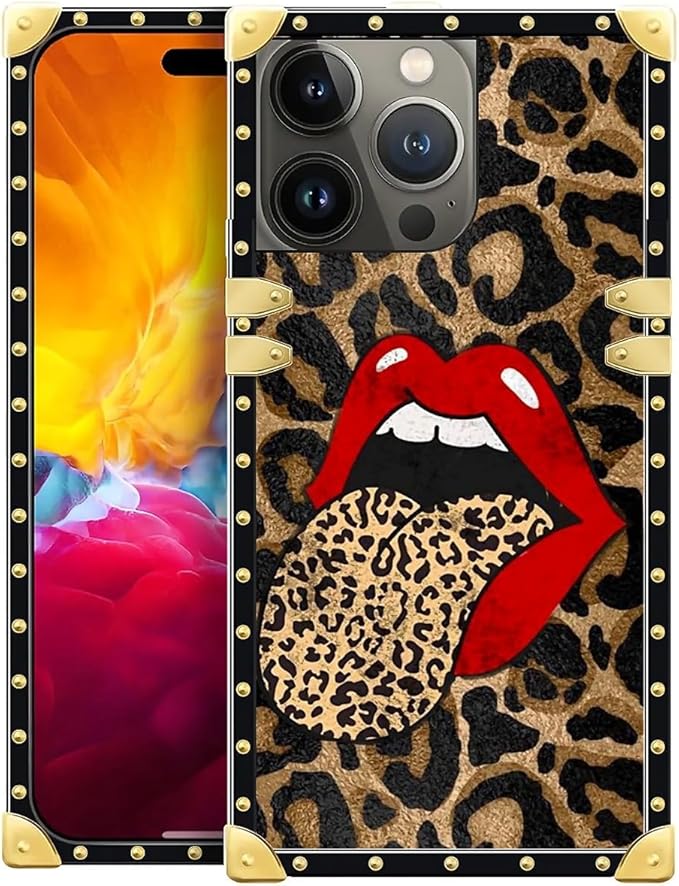 Compatible with iPhone 15 Pro Case, Brown Leopard Print Mouth Luxury Golden Decoration for Girl Women Soft TPU Shockproof Protective Hard PC Back for iPhone 15 Pro