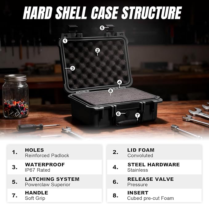 Jack Boss 13.6X11.4X6 Inch Hard Case, Portable Weather Waterproof Protective Camera Case with Customizable Foam, Foam Case Fit Use of Drones, Camera, Equipments, Black,upgraded