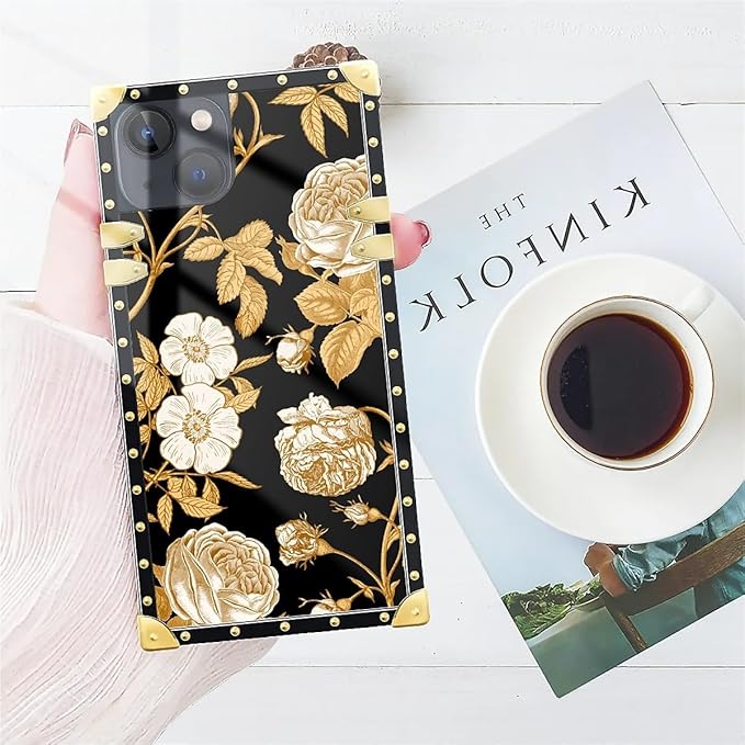 Compatible with iPhone 15 Case, Blooming Rose Golden Flower Luxury Golden Decoration for Girl Women Soft TPU Shockproof Protective Hard PC Back for iPhone 15