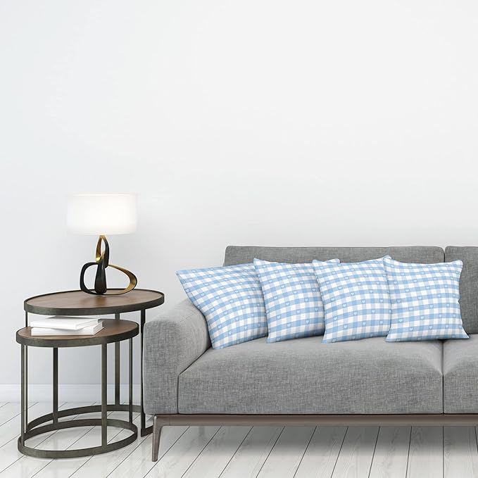Ambesonne Checkered Decorative Throw Pillow Case Pack of 4, Gingham Motif with Little Hearts Pastel Blue Shower Theme, Cushion Cover for Couch Living Room Car, 16", Pale Blue White