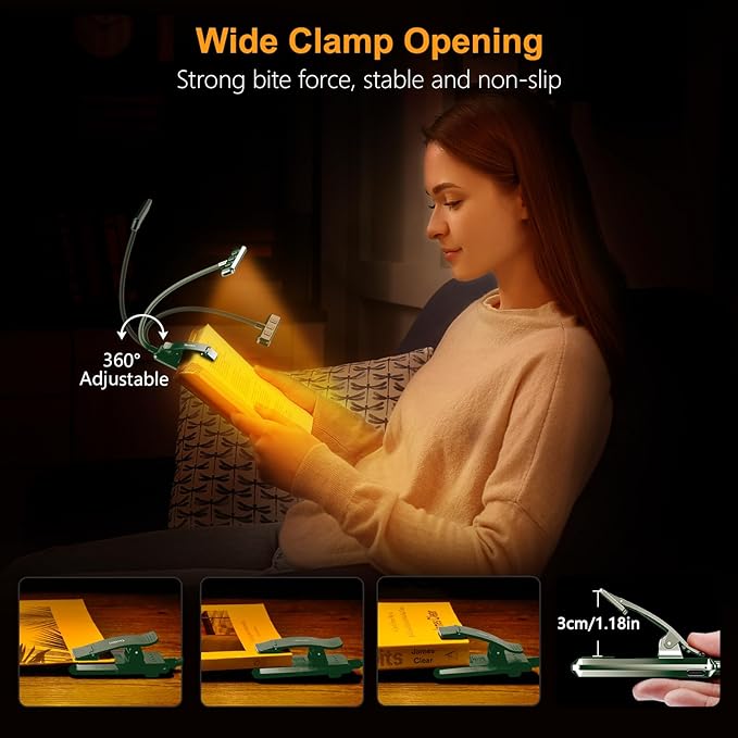 Gritin 19 LED Rechargeable Book Light for Reading in Bed with Memory Function- Eye Caring 3 Color Temperatures,Stepless Dimming Brightness,90 Hrs Runtime Clip on Light for Book Lovers-Dark Green