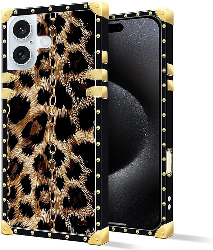 Compatible with iPhone 16 Case, Seamless Gold Chain Leopard Luxury Golden Decoration for Girl Women Soft TPU Shockproof Protective Hard PC Back