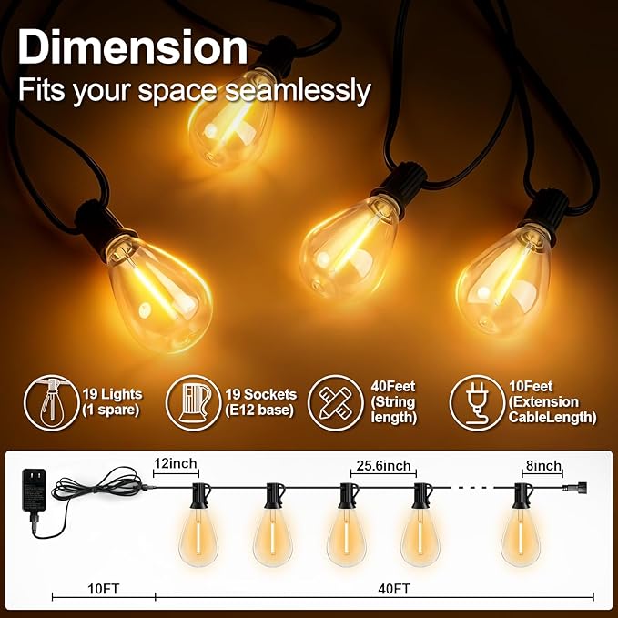 50FT Outdoor String Lights, 15m Waterproof Remote LED Patio Lights with 19+1 S11 Bulbs 10FT Extension Cable, Dimmable Outside Hanging Lights for House, Porch,Yard,Garden,Bistro, Gazebo lighting