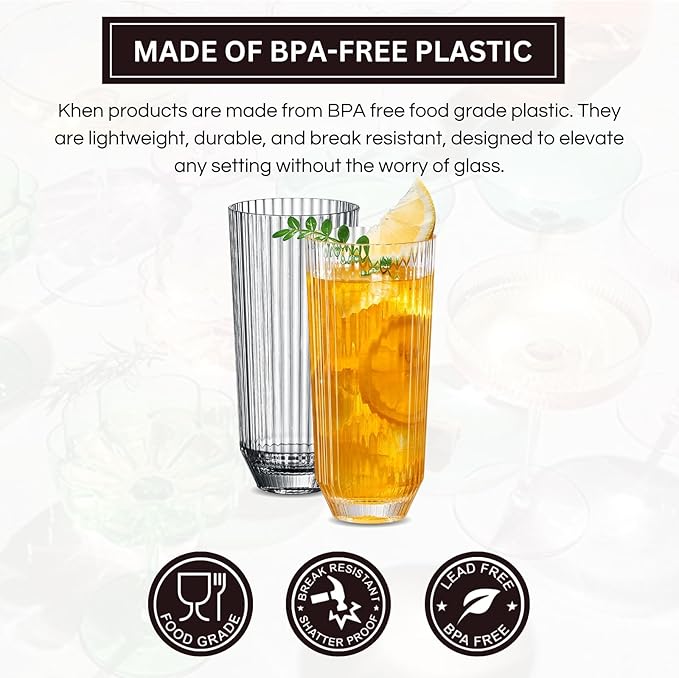 Khen Plastic Acrylic Ribbed Drinking Glasses – Set of 2 Clear 11.8oz Tritan Tumblers, European Style Shatterproof Drinkware – Durable, BPA-Free, Dishwasher Safe, Stackable & Unbreakable Plastic Cups