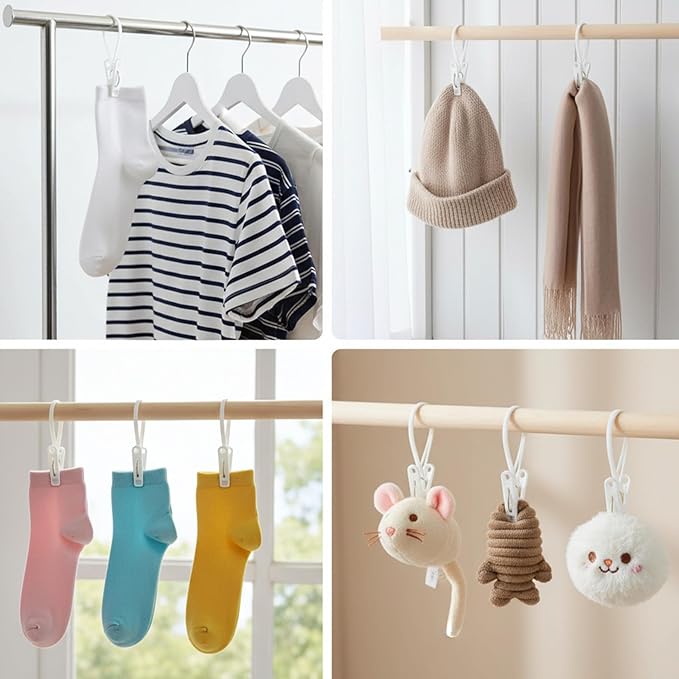 15 Pack Laundry Hooks with Rope, Multi-Purpose Clothes Pins & Hanging Clips for Closet Organizer, Windproof Drying Rack Accessories for Pants, Socks, Bras, Towels, Hats, Baby Clothes (White)