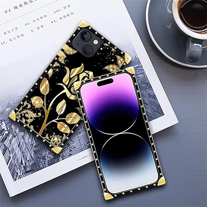 Compatible with iPhone 14 Case, Shine Gold Rose Luxury Golden Decoration for Girl Women Soft TPU Shockproof Protective Hard PC Back for iPhone 14