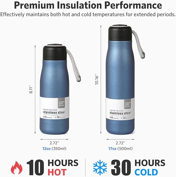 Small Water Bottle 12 oz, Dusgut Insulated Water Bottle,Stainless Steel,Wide Mouth Portable Lid, Air Force Blue