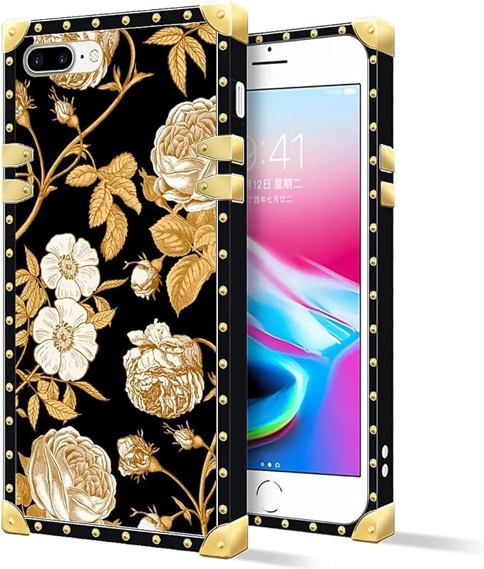 Compatible with iPhone 8 Plus 7 Plus Case, Blooming Rose Golden Flower Luxury Golden Decoration for Girl Women Soft TPU Shockproof Protective Hard PC Back for iPhone 8 Plus 7 Plus