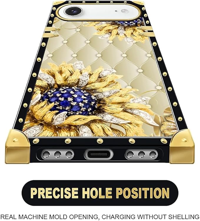 for iPhone 17 Air Case Luxury Golden Decoration for Girl Women Soft TPU Shockproof Protective Hard PC Back for iPhone 17 Air Crazy Pattern Sunflower Diamonds Leather