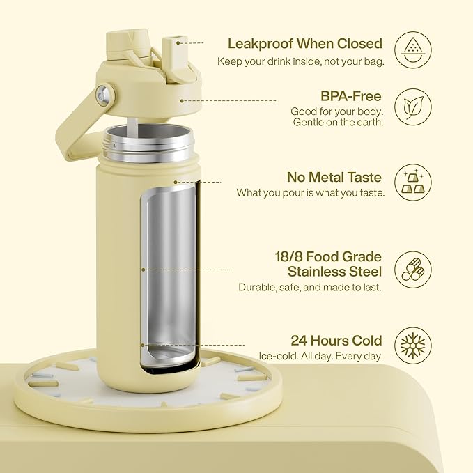 ENCOOL Insulated Water Bottle with Straw Stainless Steel Water Bottle, Leak-Proof, BPA-Free, Double Wall Vacuum Keeps Cold for 24 Hours for Sports, Travel, School (18 oz, Light Vanilla)
