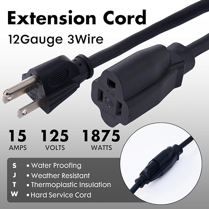 3ft Black Extension Cord Waterproof, UL Listed, 12/3 SJTW Heavy Duty 3 Prong, 12 Gauge 15A Power Cord Ideal for Lights, Appliances, and Lawn