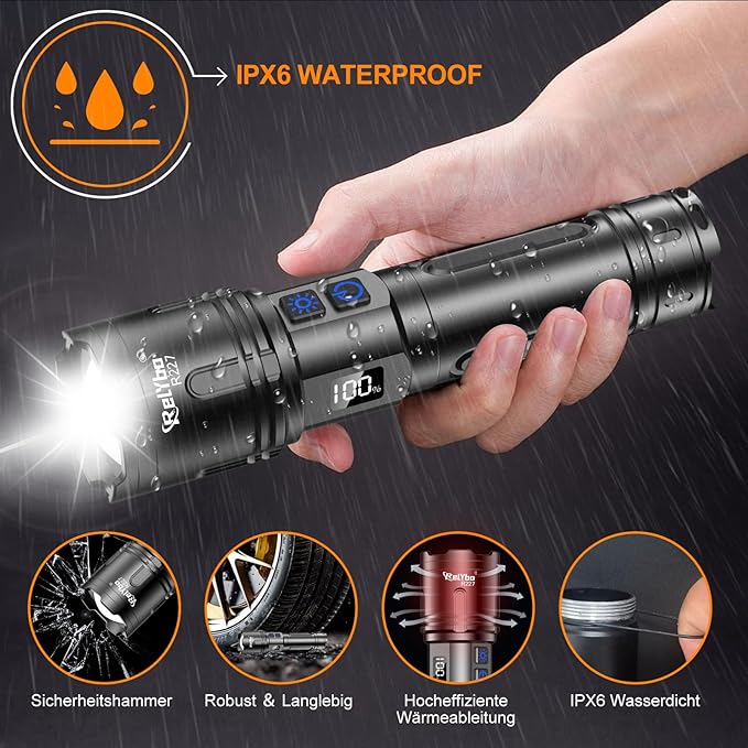Relybo Rechargeable Flashlights High Lumens, LED Flashlight 100000 Lumens, Super Bright High Powered Flashlights, Long Rang 5000 FT, 2 Switch, Powerful Flashlights for Home Emergency Camping