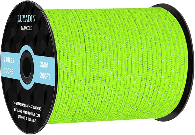 Reflective Paracord 240lb - Diameter 2mm Micro Utility Cord -3 Strand Parachute Spool Cord - 100ft 200ft,Paracord for Camping,Hiking,Fishing,Outdoor and DIY