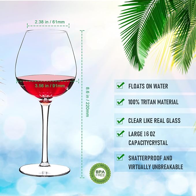 Floating Wine Glasses for Pool with Charms Tags, Shatterproof Poolside Wine Glasses, Floating Cup With Stem, Drinking Glasses for Pool, Unbreakable Wine Cup & BPA-free (16 Oz, Set of 2)