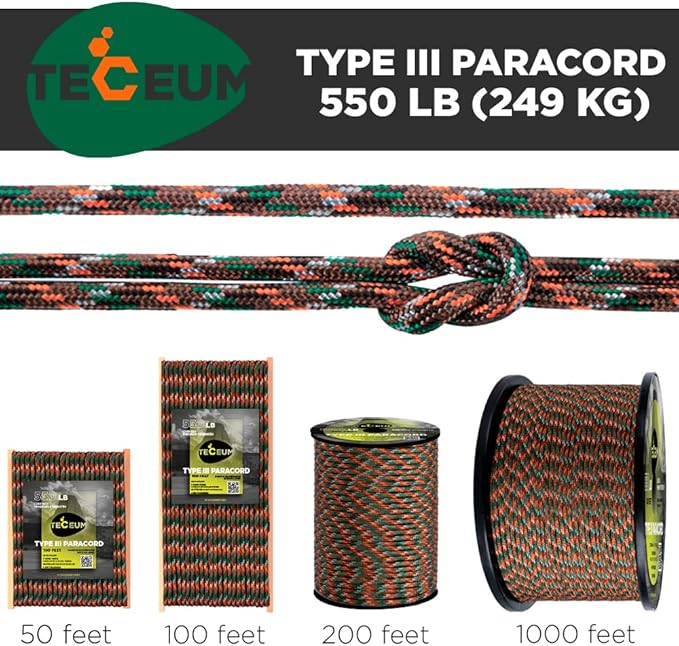 TECEUM Reflective Paracord Rope 1000 – 1000ft/200ft/100ft/50ft – 40+ Colors – Glow in The Dark – para Cord – Utility Rope for Survival, Hunting & Camping Gear – Nylon String, Camping Rope, Tent Cord