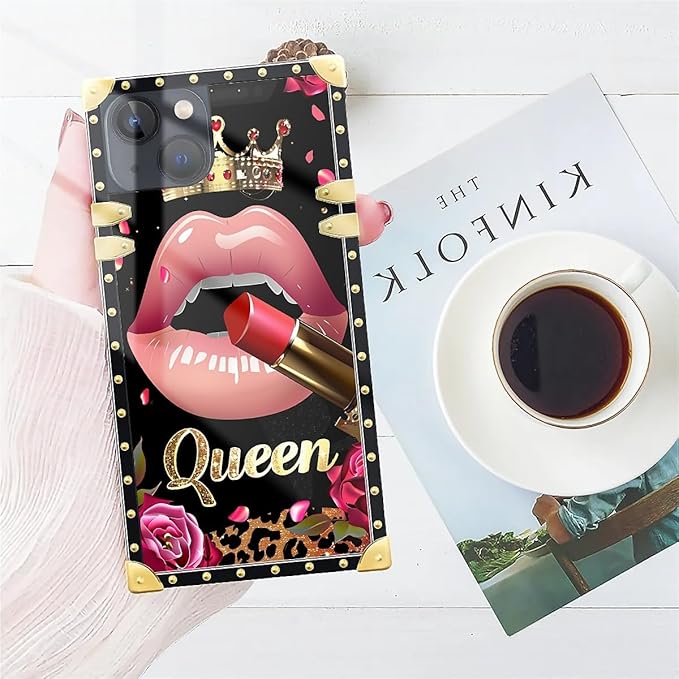 Compatible with iPhone 13 Case, Glitter Red Rose Queen Leopard Lipstick Luxury Golden Decoration for Girl Women Soft TPU Shockproof Protective Hard PC Back for iPhone 13