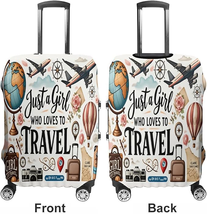 Travel Girl Adventure Globe Airplane Suitcase Camera Map Stretch Luggage Cover, Washable Suitcase Protector Fits 26-28in Cases, Secure Fit for Carry On Checked Bags, Travel Essentials