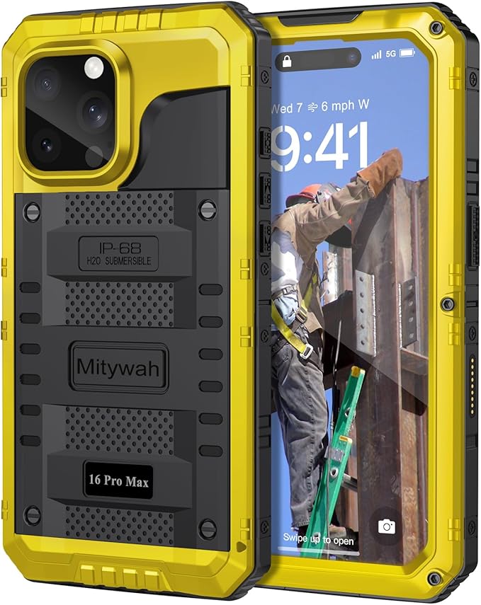 Mitywah Waterproof Case for iPhone 16 Pro Max, Heavy Duty Metal Cover with Built-in Screen Protector, Military Grade Full Body Shockproof Rugged Protective Phone Case 6.9 inch, Yellow