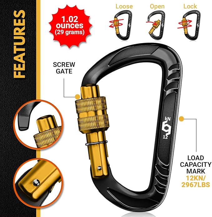 Rhino Produxs 12kN (2697 lbs) Heavy Duty Carabiner Clips, for Securing Pets, Outdoor, Camping, Hiking, Hammock, Dog Leash Harness, Keychains
