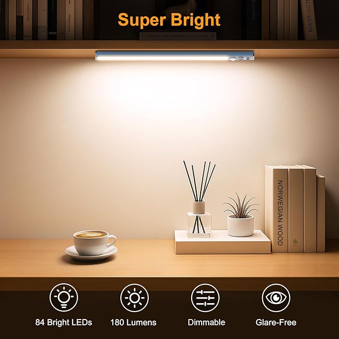 Gritin 10.2inch Under Cabinet Lighting Rechargeable 2 Pack- 3 Color Temps&5 Level Brightness, Super Bright, 4 Modes, Motion Sensor, Long Lasting-Easy Installation Magnetic Under Closet Lights-Sea Blue