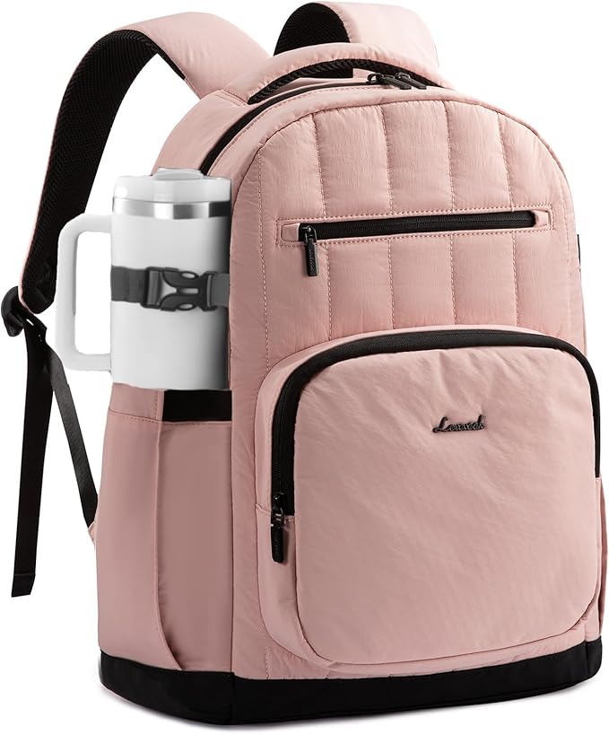 LOVEVOOK Laptop Backpack for Women with Giant Tumbler Holder Pocket,17 Inch Puffer Travel College Work Backpack Purse for Teacher Nurse,Waterproof Laptop Bag Computer Back Pack Daypack,Pink-Black