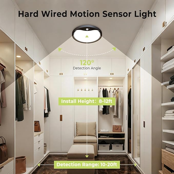 hepside Motion Sensor Ceiling Light Wired, 3000K/4000K/6500K LED Flush Mount Ceiling Light Fixture, 12Inch 24W Motion Sensor Light with Timer for Closet Stair Porch Hallway Pantry,Black