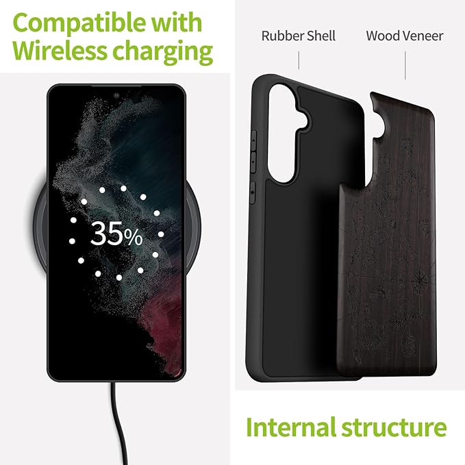 Carveit Wood Case for Galaxy S24 Plus Case [Natural Wood & Black Soft TPU] Shockproof Protective Cover Unique Wooden Design Compatible with S24 Plus (World Map-Blackwood)