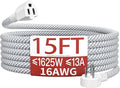 16/3 Flat Plug Braided Extension Cord 15 FT, Indoor 3 Prong Grounded Low Profile Extension Wire Flexible, Suitable for Home and Office, 13 Amp 1625 Watt 125VAC 16AWG, ETL Listed