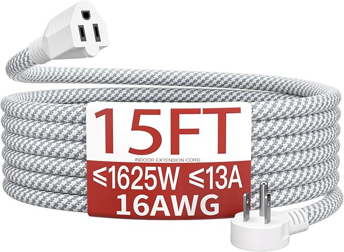 16/3 Flat Plug Braided Extension Cord 15 FT, Indoor 3 Prong Grounded Low Profile Extension Wire Flexible, Suitable for Home and Office, 13 Amp 1625 Watt 125VAC 16AWG, ETL Listed