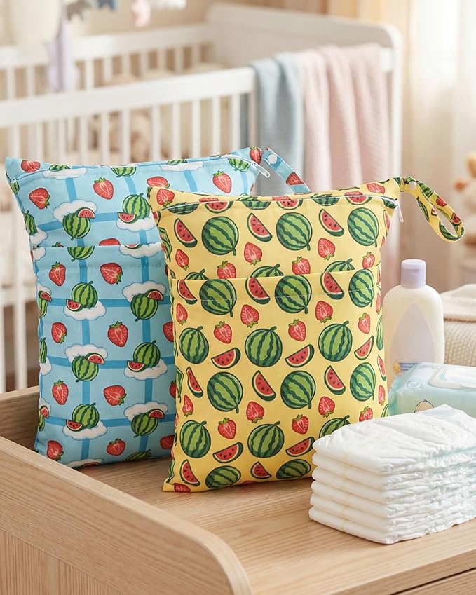 ALVABABY 2pcs Waterproof Wet Dry Bags,Reusable with Two Zippered Pockets,Baby Cloth Diaper,Travel,Beach,Pool,Daycare,Soiled Baby Items,Yoga Gym Bag,Swimsuits or Wet Clothes 2LW06