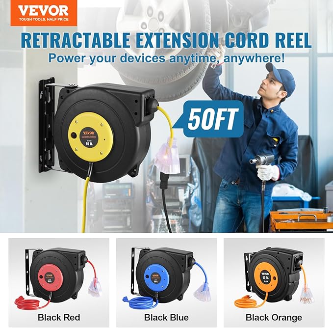 VEVOR Retractable Extension Cord Reel, 50 FT, Heavy Duty 14AWG/3C SJTOW Extension Power Cord with Lighted Triple Tap Outlet, 13A Circuit Breaker 180° Swivel Bracket for Ceiling or Wall Mount, Yellow