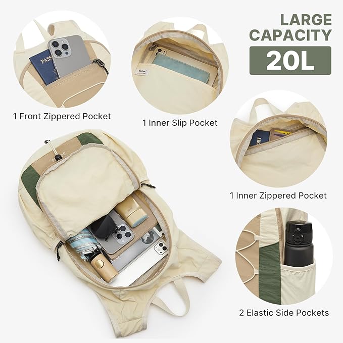 G4Free 20L Hiking Backpack Lightweight Daypack with Phone Pocket Small Packable Foldable Hiking Bag for Women Men, Green+Beige